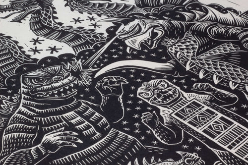 Godzilla vs Gigan Linocut Poster