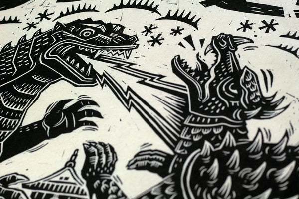 Godzilla Raids Again Linocut Poster