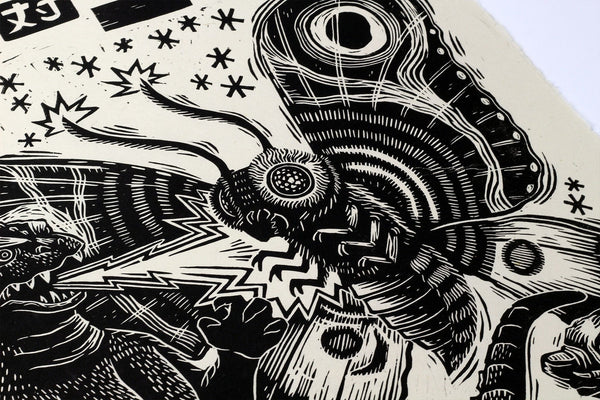 Mothra vs Godzilla Linocut Poster