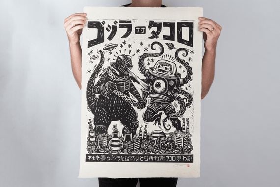 Godzilla vs. Takoro Linocut Poster