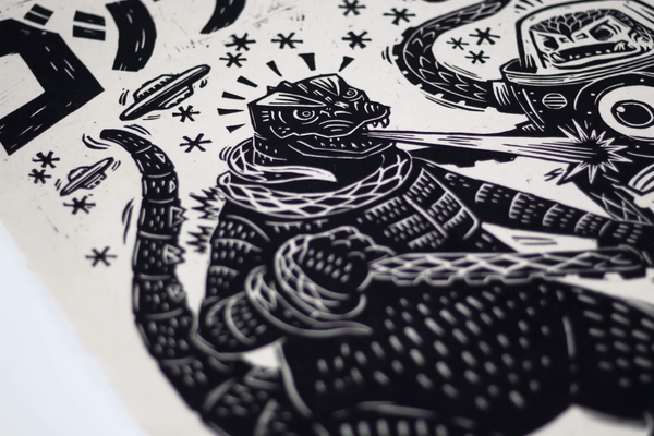 Godzilla vs. Takoro Linocut Poster
