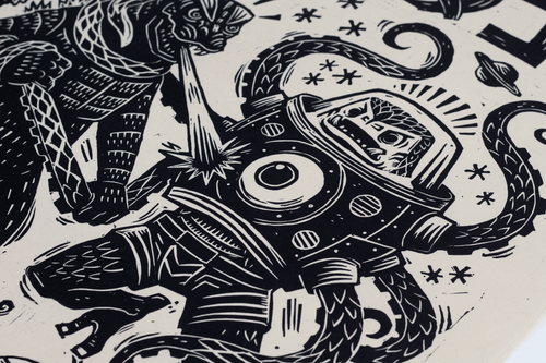 Godzilla vs. Takoro Linocut Poster