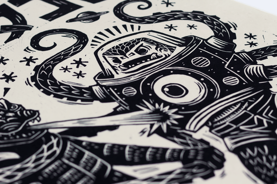 Godzilla vs. Takoro Linocut Poster